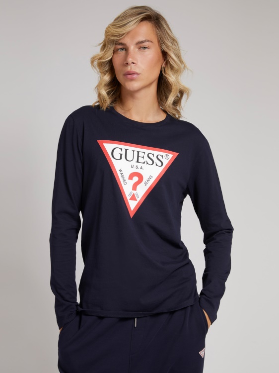 тениска с триъгълно лого Guess Blue
