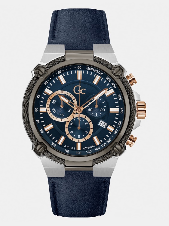 сребърен часовник Guess Gc хронограф от истинска кожа
