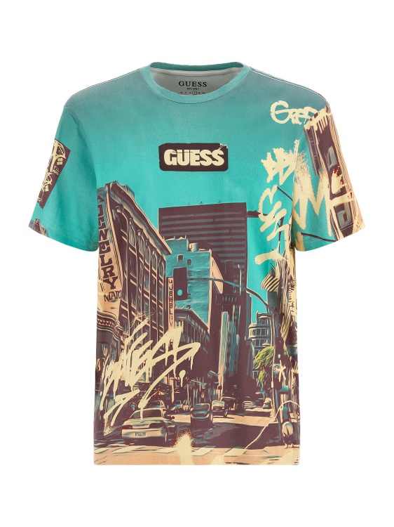 бяла тениска с много макси принт Guess