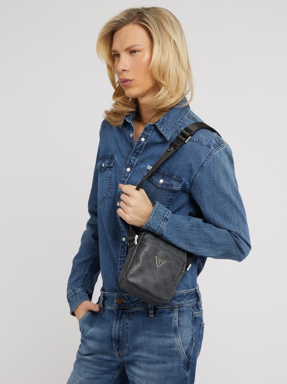черна чанта през рамо с лого Vezizola 4g Guess