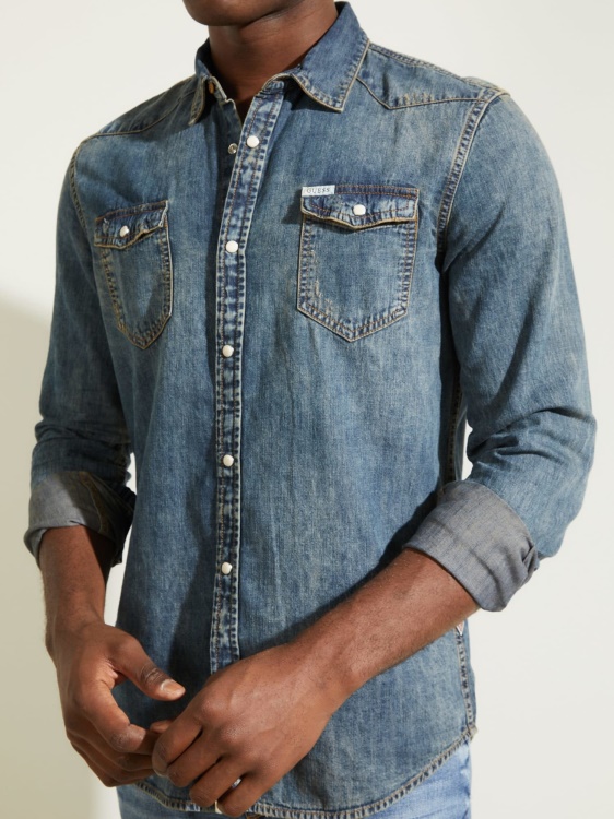 прилепнала дънкова риза Guess Blue