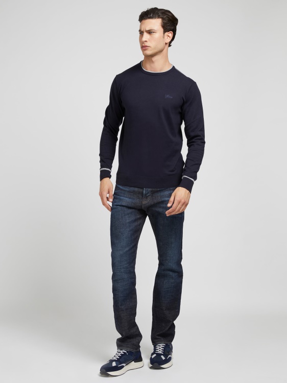 еластичен памучен пуловер с кръгла Guess Blue