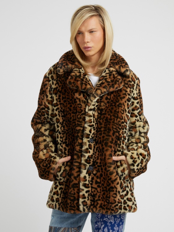 Guess Animalier палто от изкуствена кожа кафяво