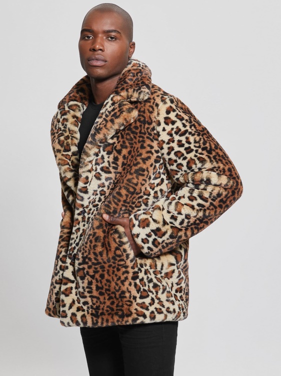 Guess Animalier палто от изкуствена кожа кафяво