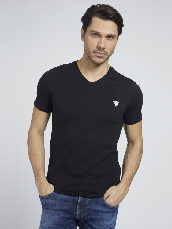 черна тениска с V-образно деколте с лого на Guess