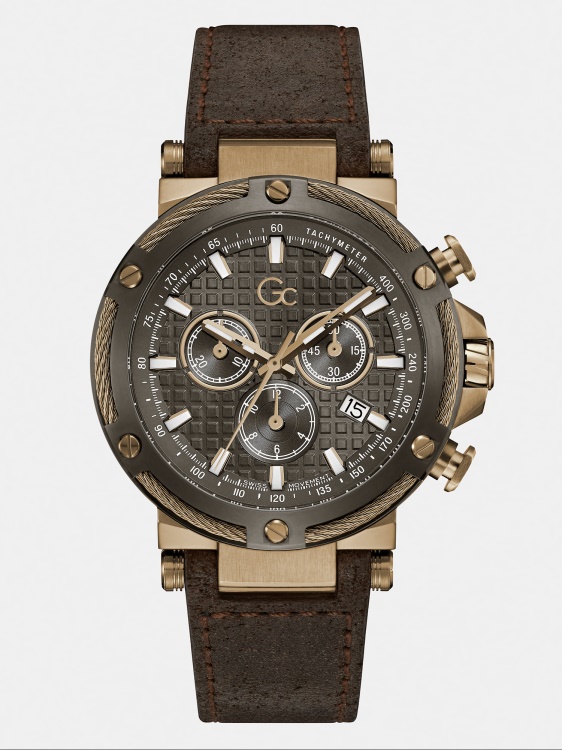 Guess кафяв Gc часовник с хронограф от истинска кожа