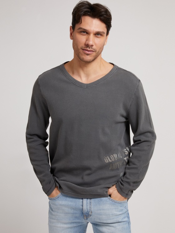 сив пуловер с щампа отпред Guess