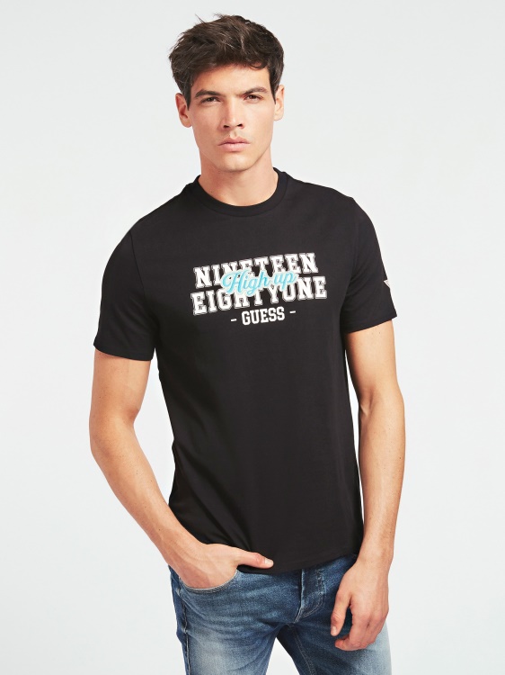 памучна предна тениска с лого Guess Black