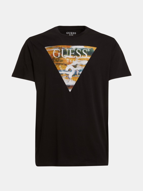 тениска с триъгълно лого черна Guess нова тенденция