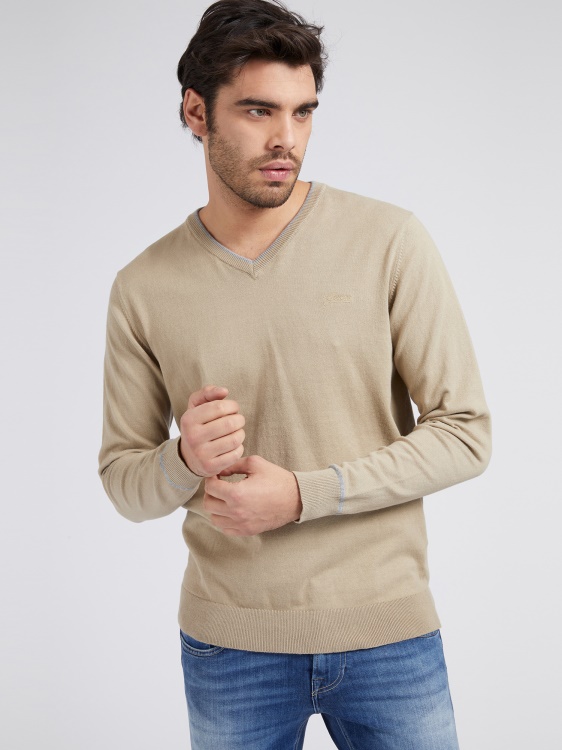 сив еластичен памучен пуловер с в деколте Guess
