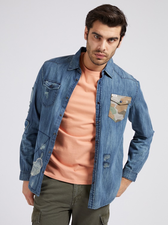 син Guess Slim Fit дънкова риза ожулвания