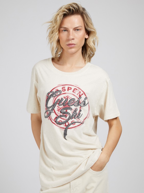 бежова тениска с щампа отпред Guess