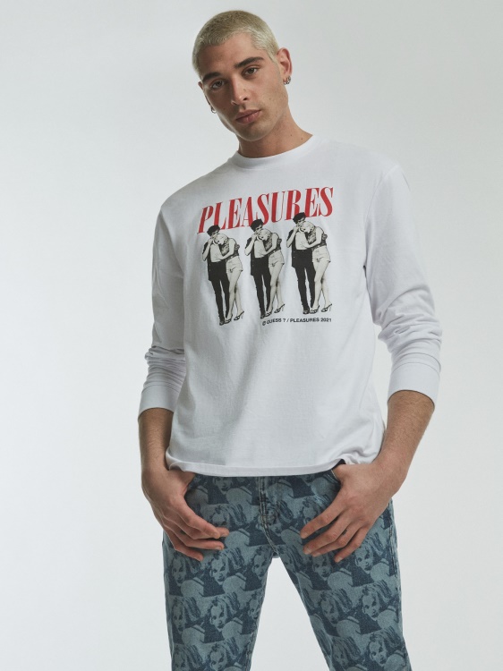 добавена щампа тениска Guess бяла