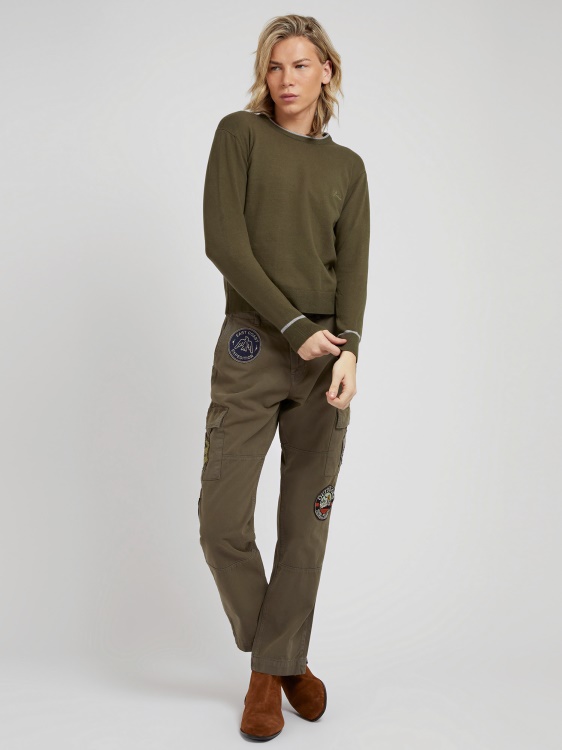 зелен еластичен памучен пуловер с кръгла яка Guess