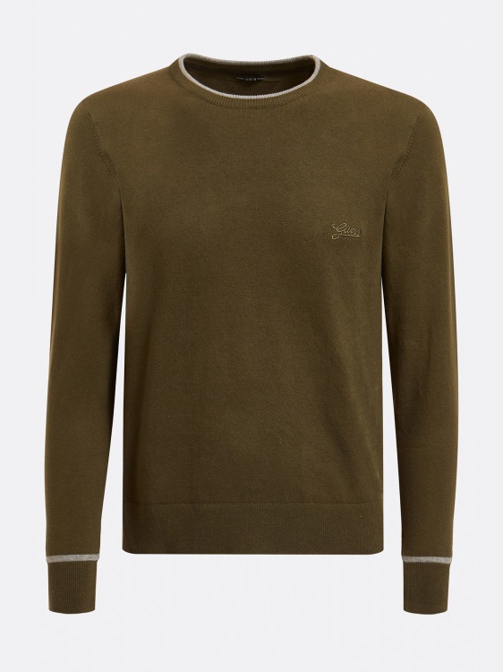 зелен еластичен памучен пуловер с кръгла яка Guess