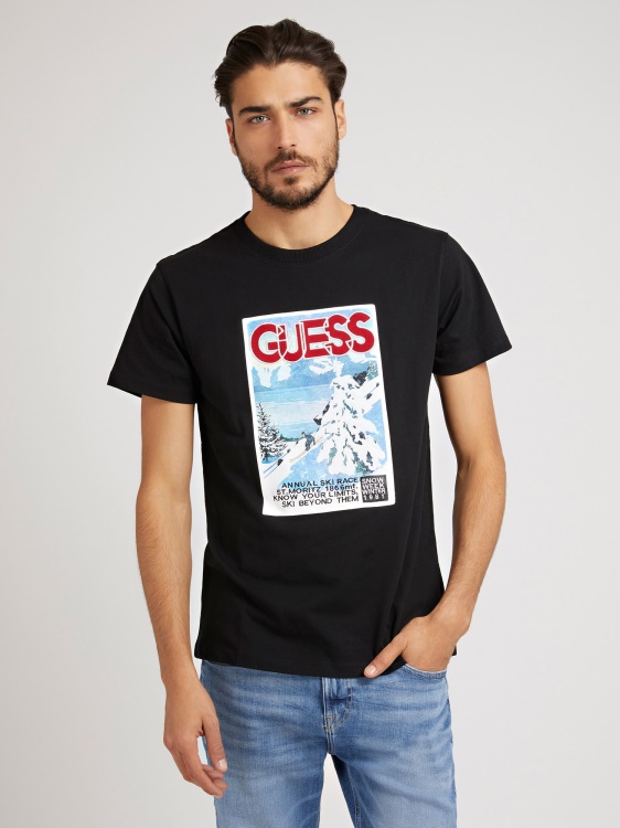 тениска с щампа отпред Guess черна