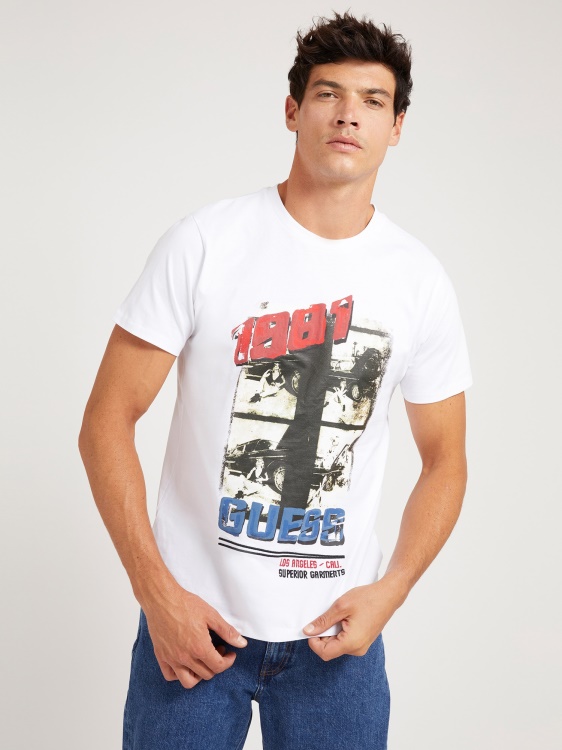 бяла тениска с щампа отпред Guess