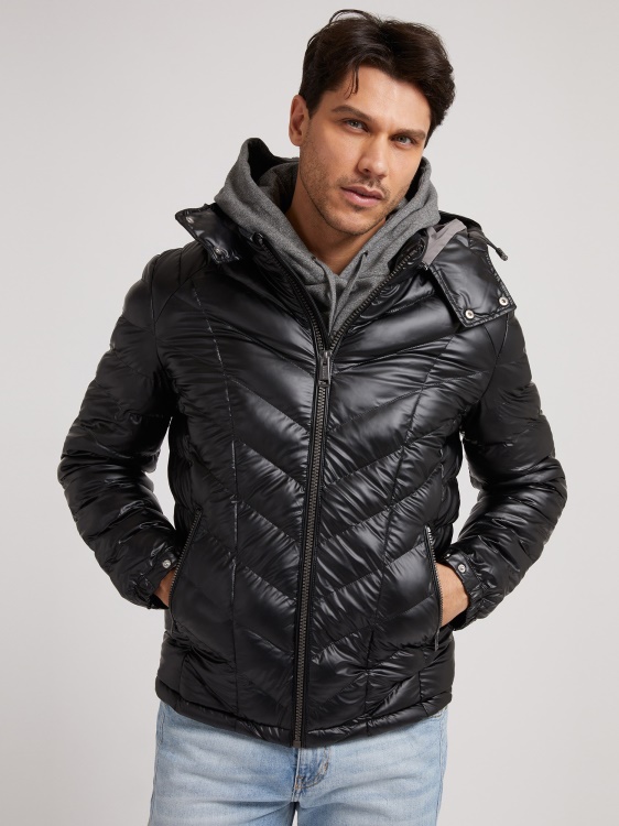 черно подплатено пухено яке с качулка Guess New Trend