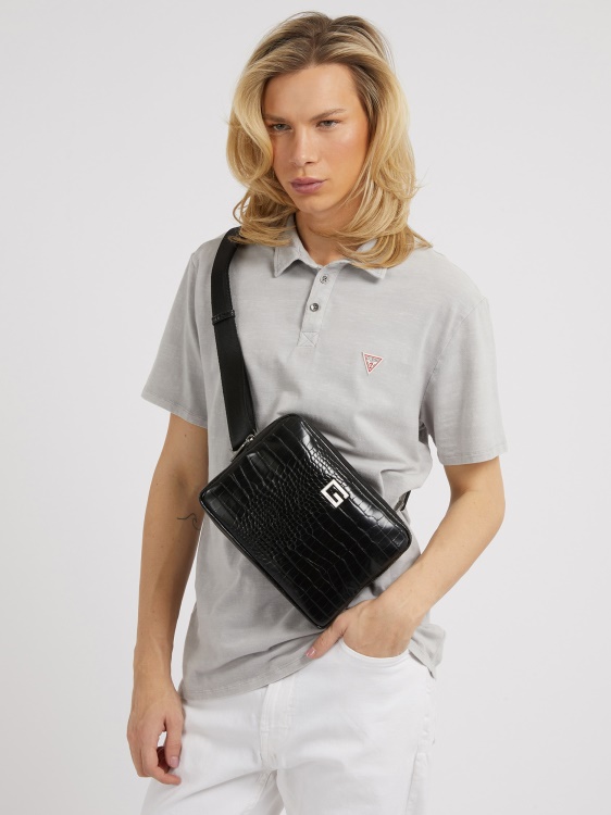 черна чанта през рамо Guess Calabria с крокодил
