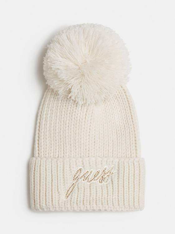 предна шапка с помпон с лого Guess бяла