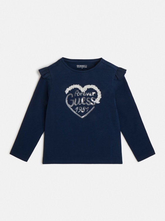 синя тениска от шифон с волани Guess