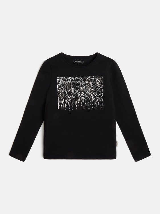 тениска с лого на Guess Rhinestone черна