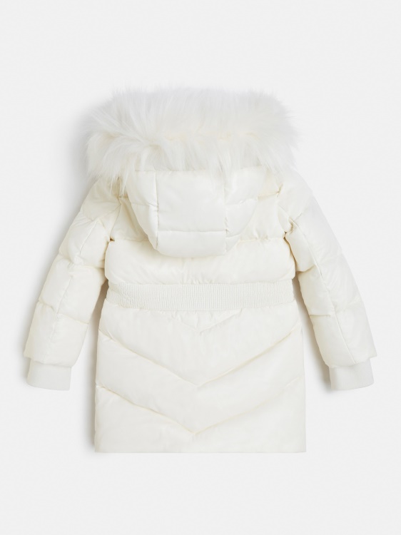бял дълъг пуф с качулка от изкуствена кожа Guess