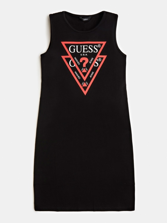 черна рокля Guess с щампа на лого отпред