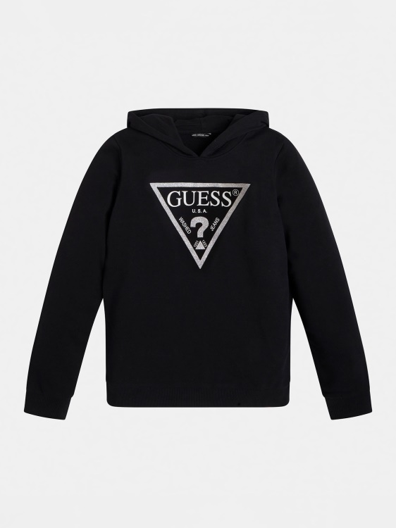 черен суитшърт с качулка с триъгълно лого от фолио Guess