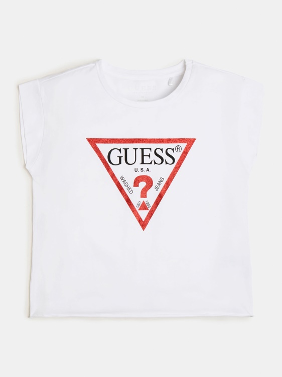 тениска с лого на бял триъгълник Guess нова тенденция