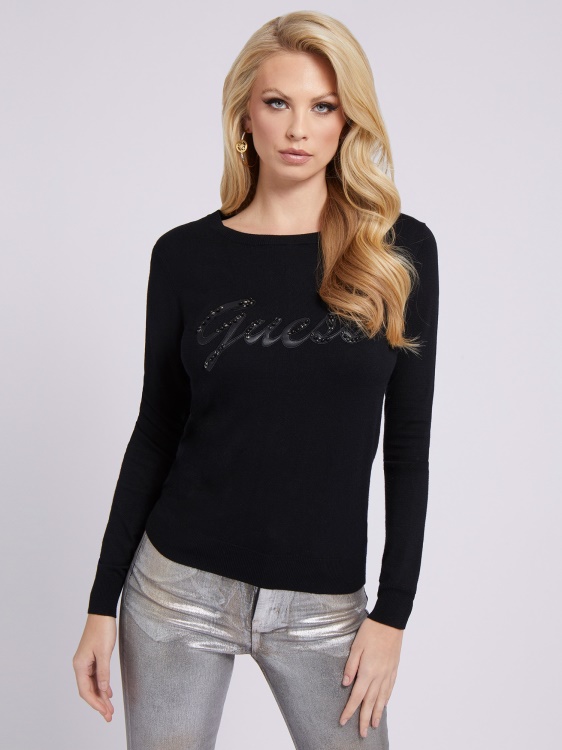 пуловер с предно лого с кристали Guess Black