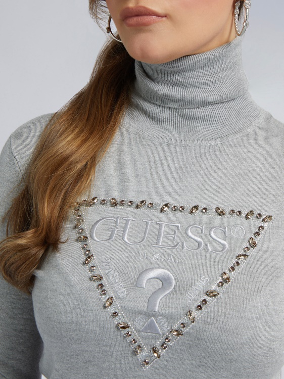 кристали триъгълник лого пуловер Guess сив мулти