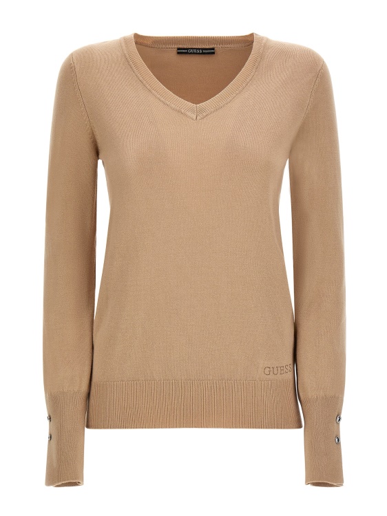 пуловер с V-образно деколте бежов Guess