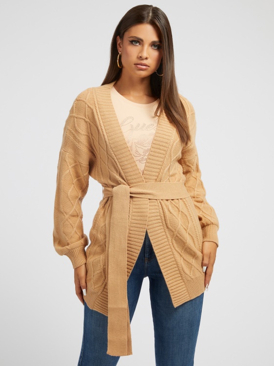 бежова кабелна плетена вълнена жилетка Guess