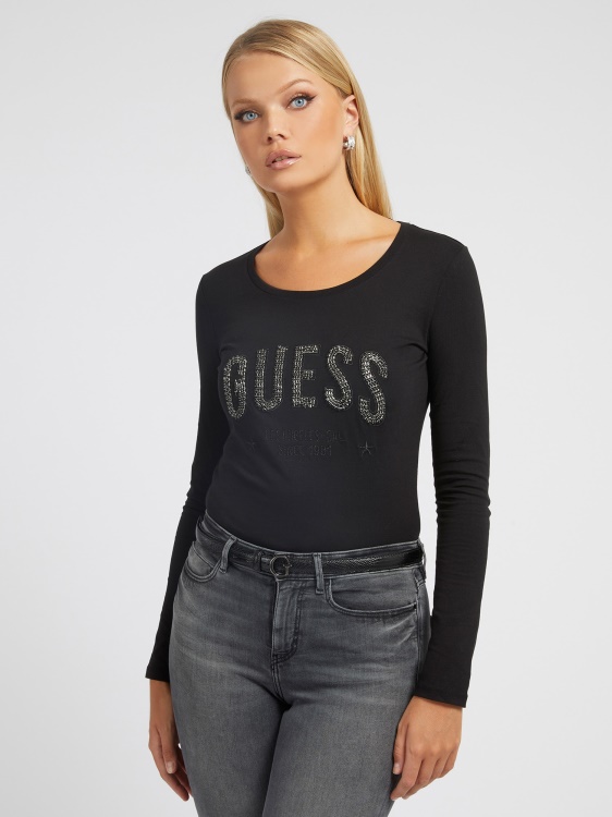 тениска с лого на кристали Guess Black