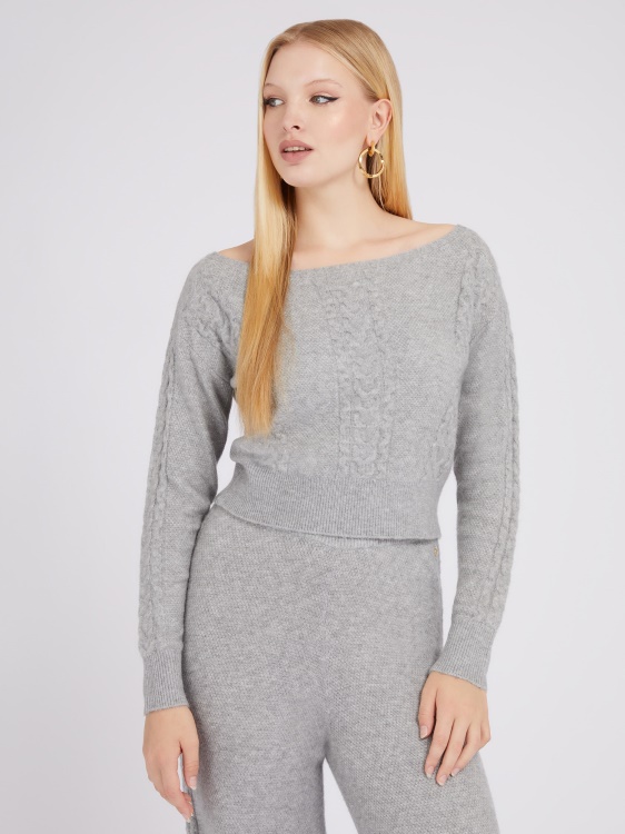 сив многокабелен плетен пуловер от смес от кашмир Guess