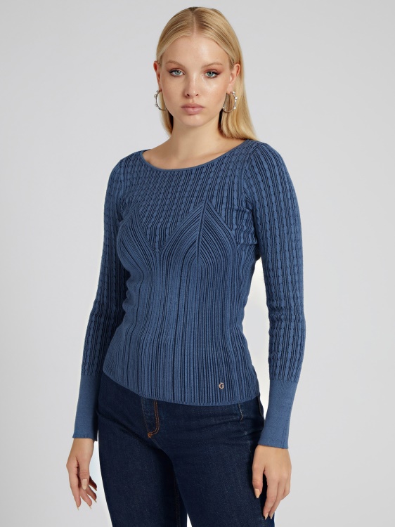 син пуловер с деколте от вискоза Guess