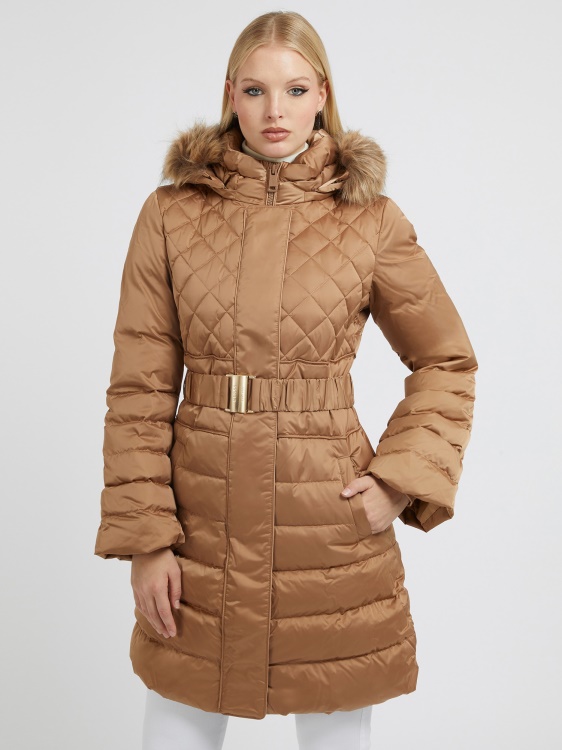 истински пухени дълги пухчета Guess бежово