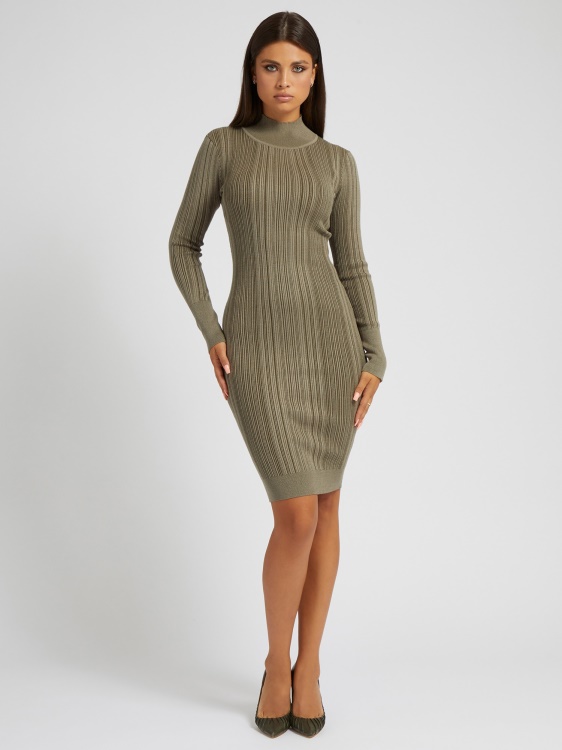 пуловер рокля с яка с костенурка Guess зелено