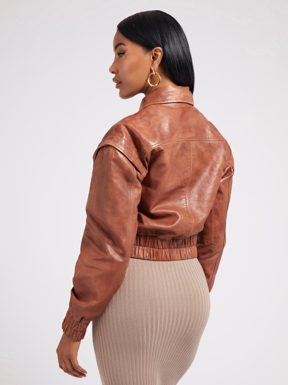 Guess Crop естествено кожено яке кафяво