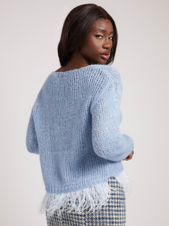 пуловер от вълнена смес с цветни пера Guess Blue
