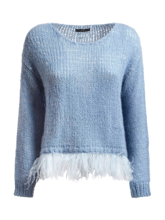 пуловер от вълнена смес с цветни пера Guess Blue
