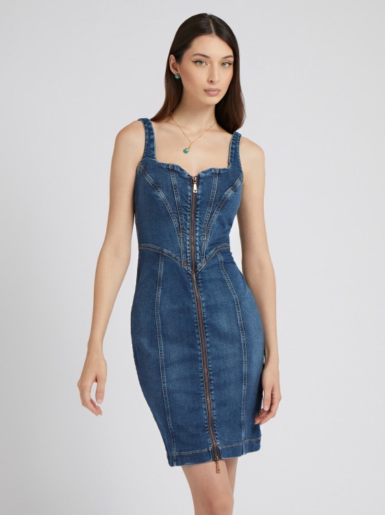 дънкова рокля с преден цип синя Guess