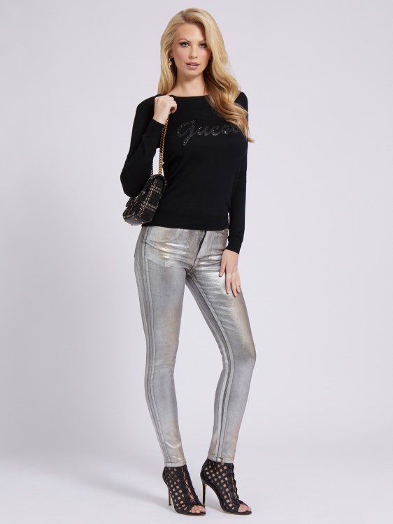 кльощави дънкови панталони с метален външен вид, сив Guess
