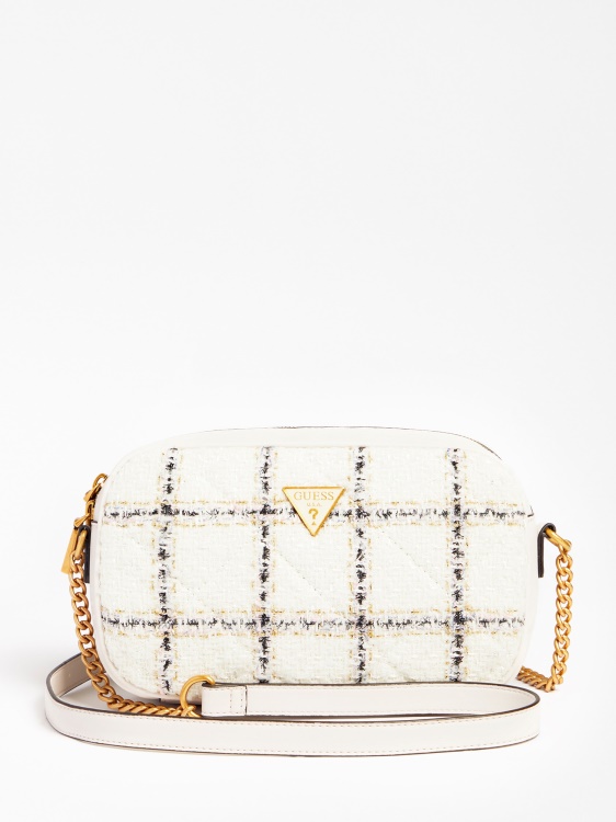 бяла чанта през рамо от туид Guess