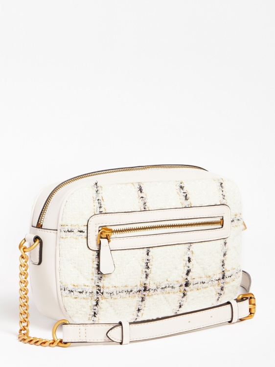 бяла чанта през рамо от туид Guess