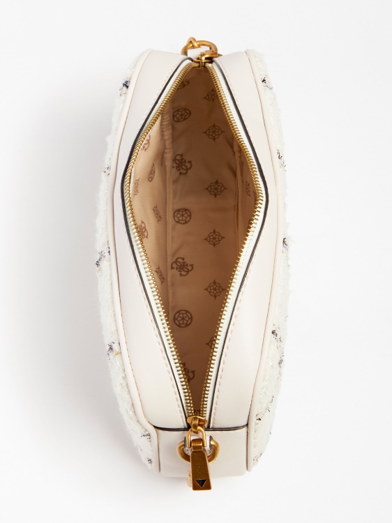 бяла чанта през рамо от туид Guess