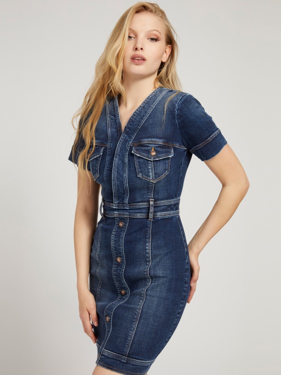 дънкова рокля по тялото със сини копчета Guess