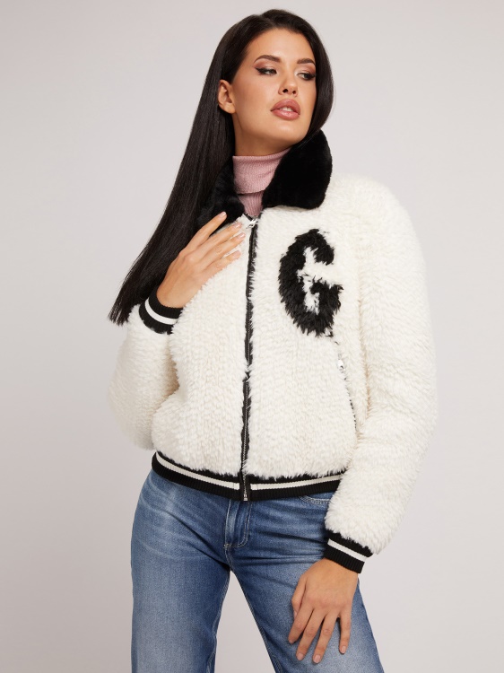 жакардов бомбър от изкуствена кожа, бял Guess