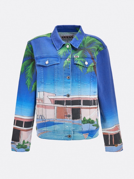 дънково яке с цял принт многоцветен модел Guess